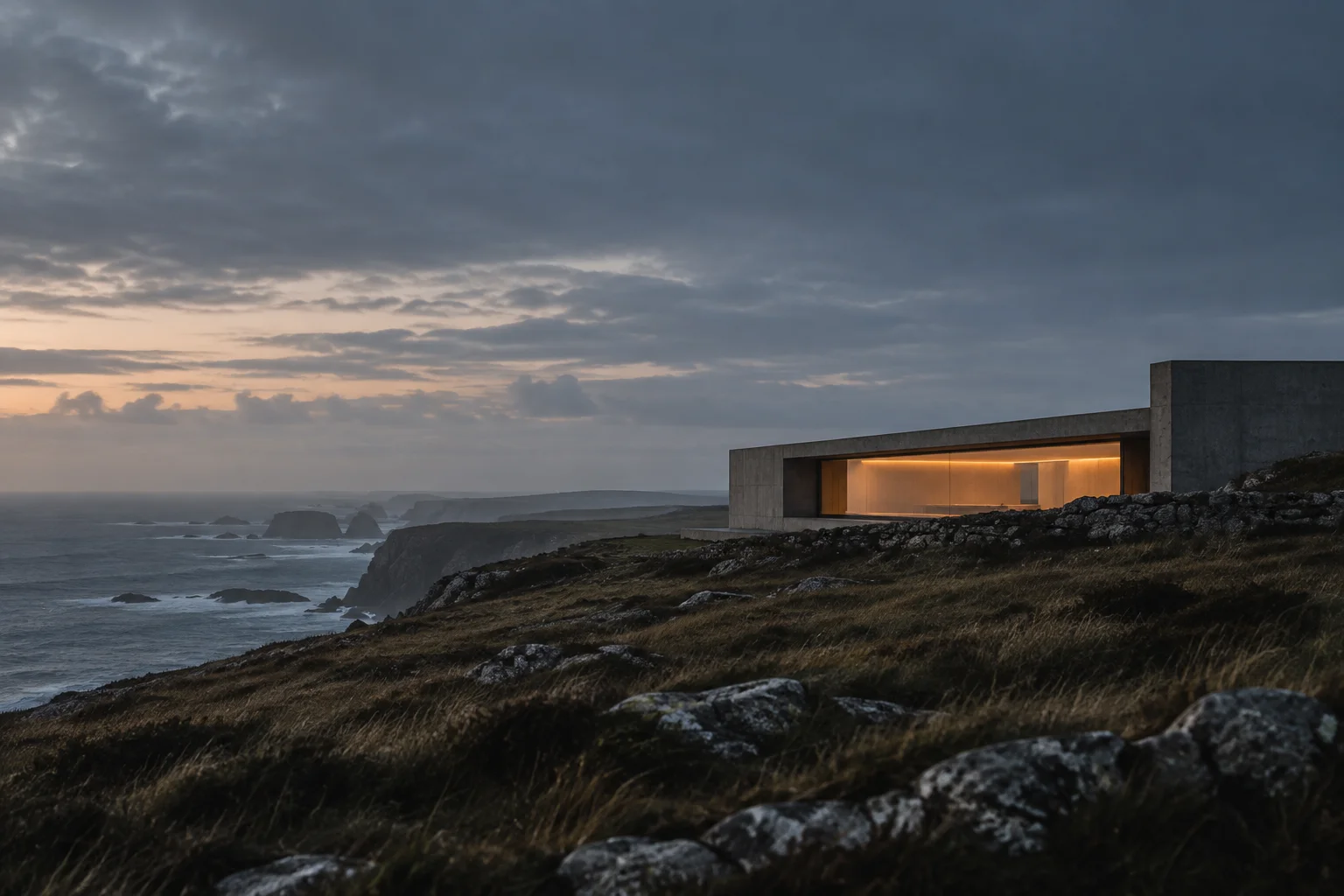 A quiet concrete pavilion overlooking a rugged coast at dusk